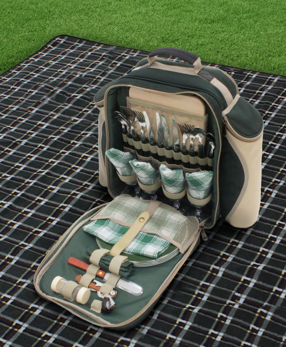 Deluxe Picnic Backpack Hamper for Four People with Matching Picnic Blanket