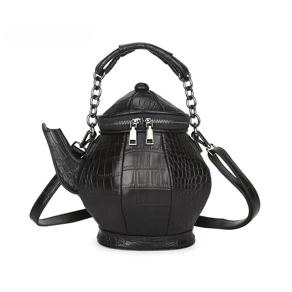 Gothic Teapot Shaped Leather Handbag Stone Pattern Party Bag