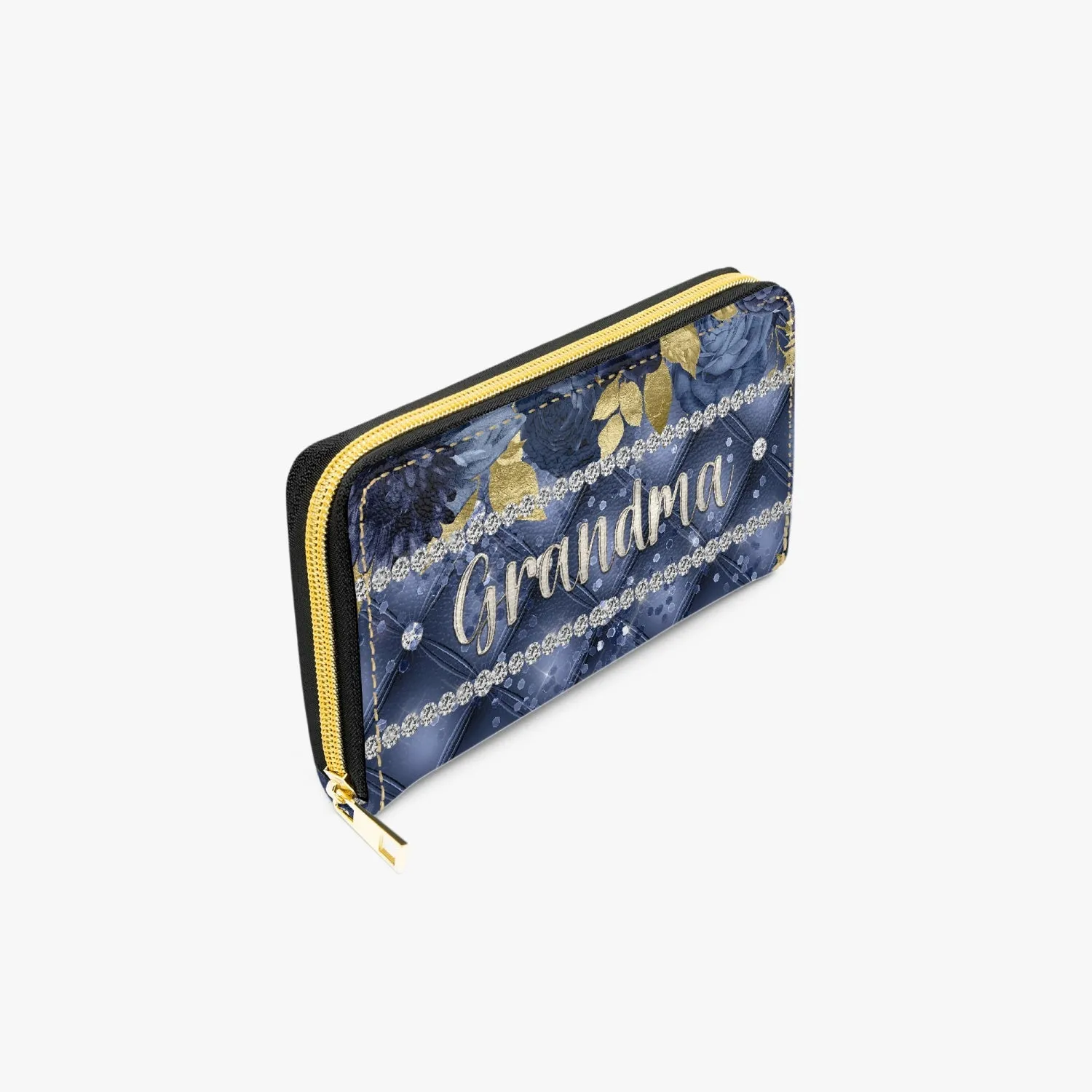 Long Type Zipper Purse - Navy Blue Floral - Grandma