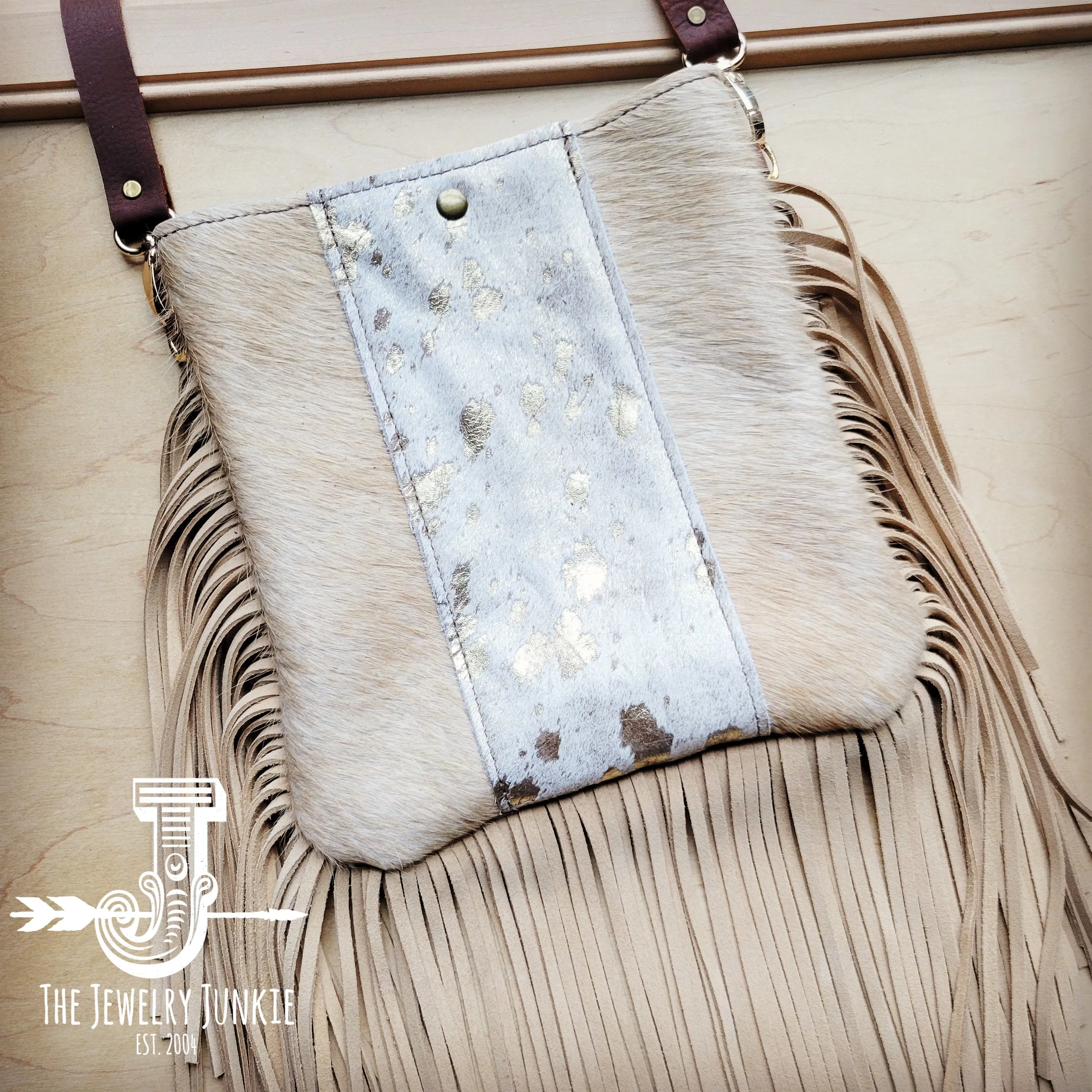 **MEDIUM Crossbody Handbag Cream Metallic Hide w/ Fringe 514m