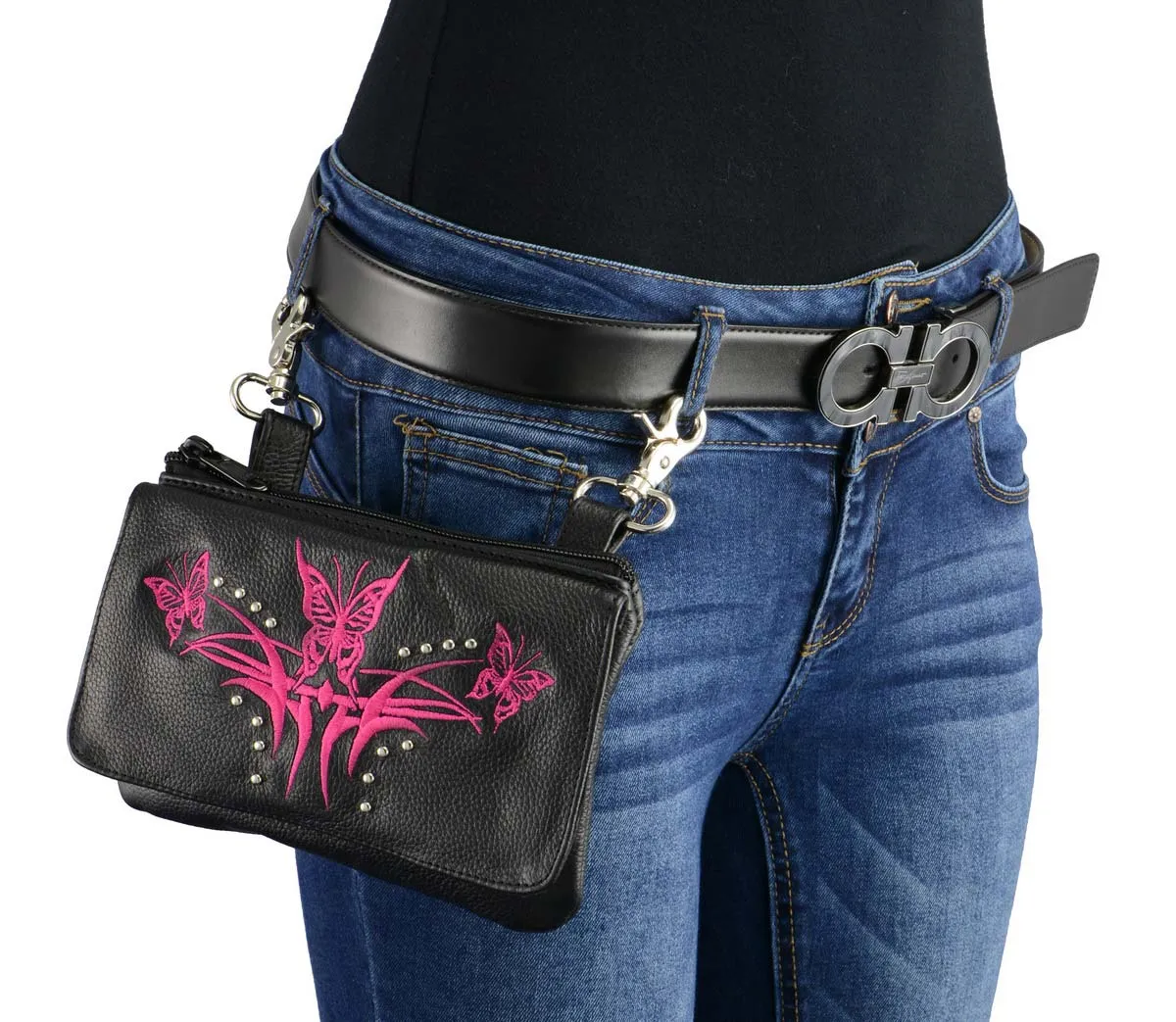 Milwaukee Leather MP8851 Women's Black and Pink Leather Multi Pocket Belt Bag