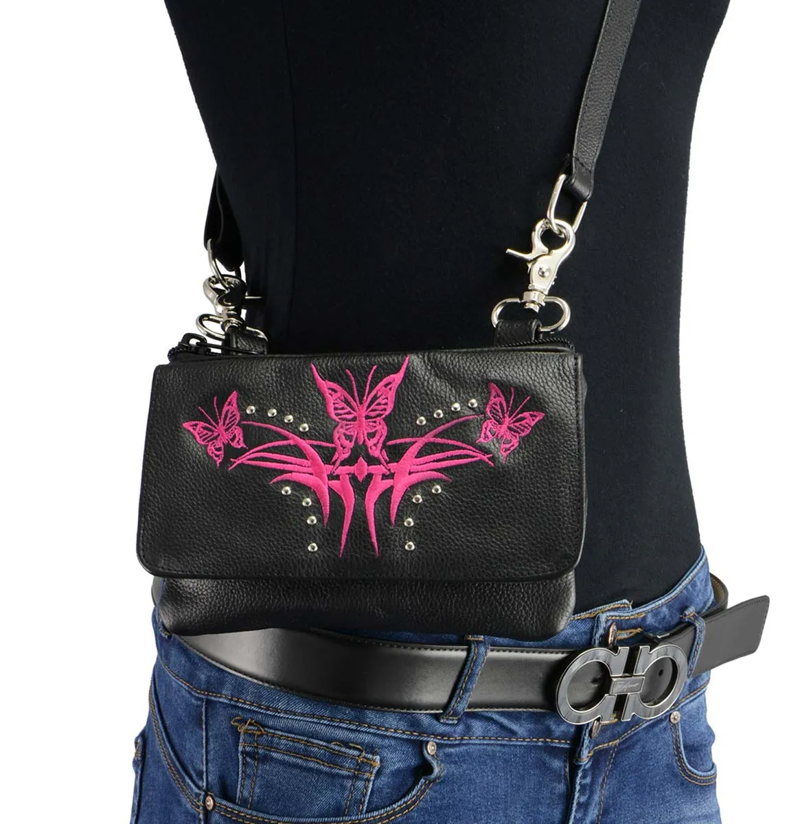 Milwaukee Leather MP8851 Women's Black and Pink Leather Multi Pocket Belt Bag