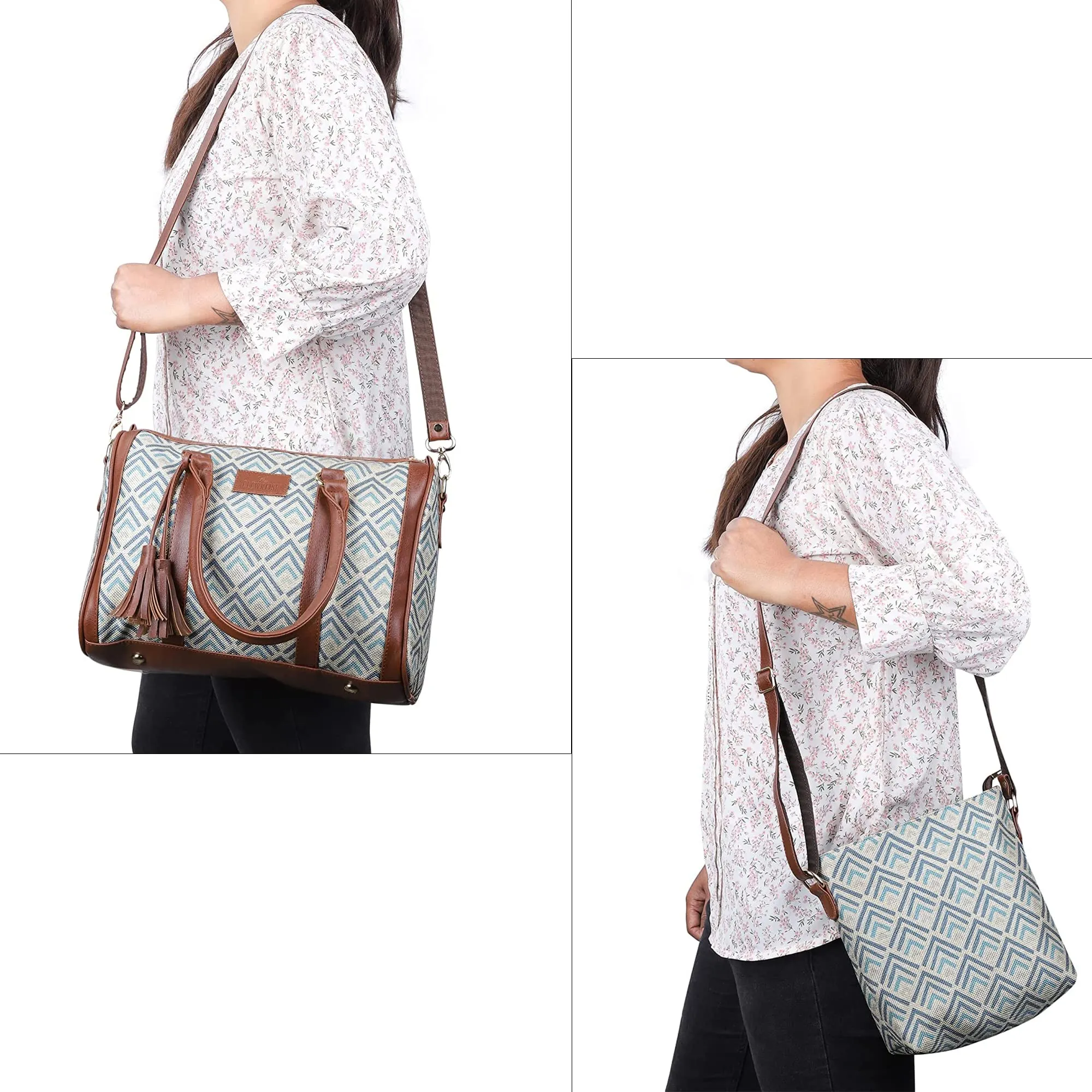 The Clownfish Combo of Lorna Printed Handicraft Fabric Handbag and Aahna Polyester Crossbody Sling bag for Women (White with Grey Stripes)