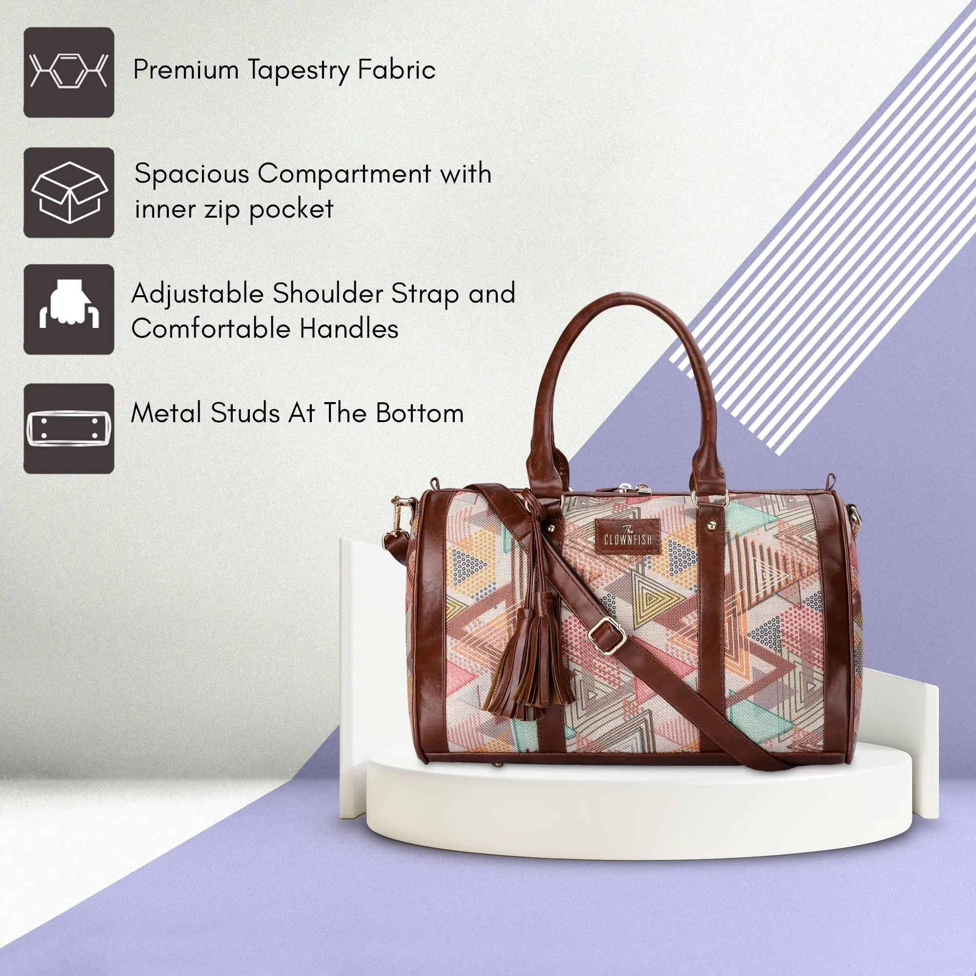 THE CLOWNFISH Lorna Printed Handicraft Fabric & Faux Leather Handbag Sling Bag for Women Office Bag Ladies Shoulder Bag Tote For Women College Girls (Multicolour-Triangle)