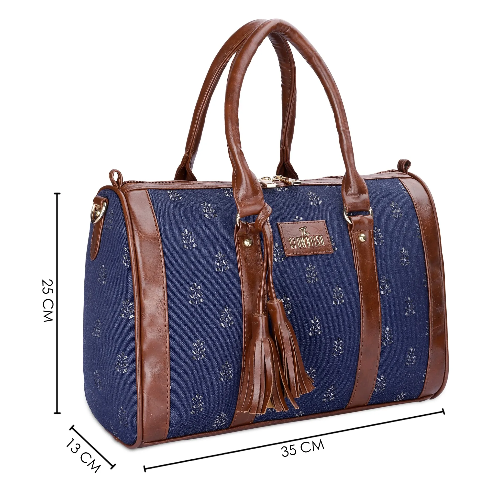 THE CLOWNFISH Lorna Tapestry Fabric & Faux Leather Handbag Sling Bag for Women Office Bag Ladies Shoulder Bag Tote For Women College Girls (Denim Blue)