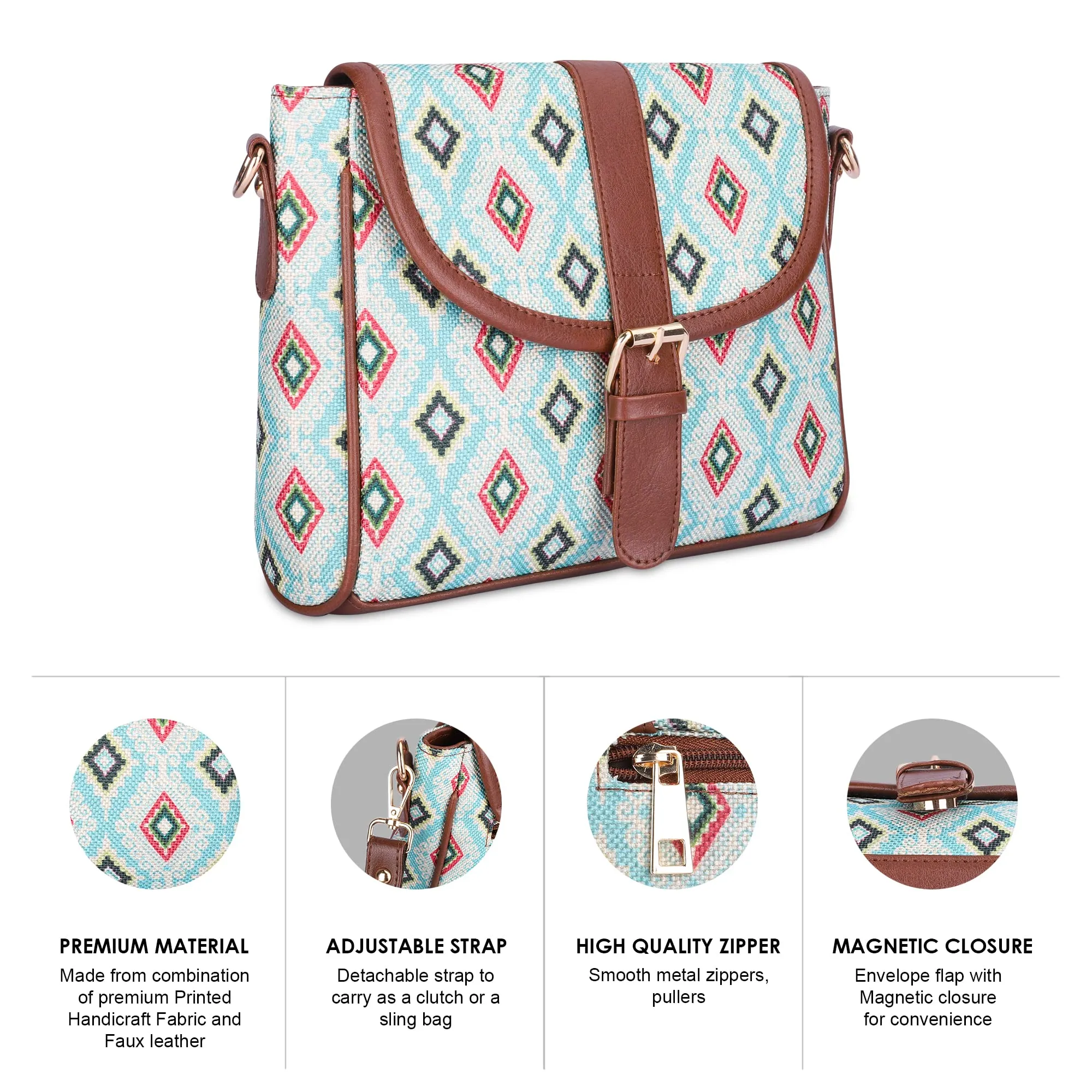 The Clownfish Madeline Printed Handicraft Fabric Handbag for Women Sling Bag Office Bag Ladies Shoulder Bag with Snap Flap Closure & Shoulder Belt Tote For Women College Girls (Skyblue-Diamond Design)