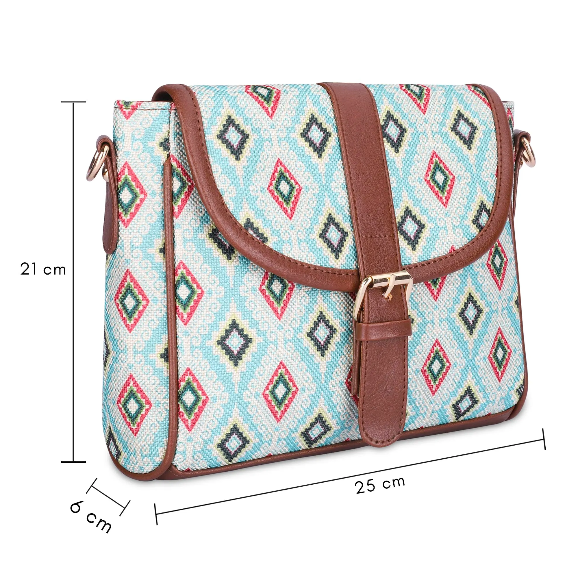 The Clownfish Madeline Printed Handicraft Fabric Handbag for Women Sling Bag Office Bag Ladies Shoulder Bag with Snap Flap Closure & Shoulder Belt Tote For Women College Girls (Skyblue-Diamond Design)