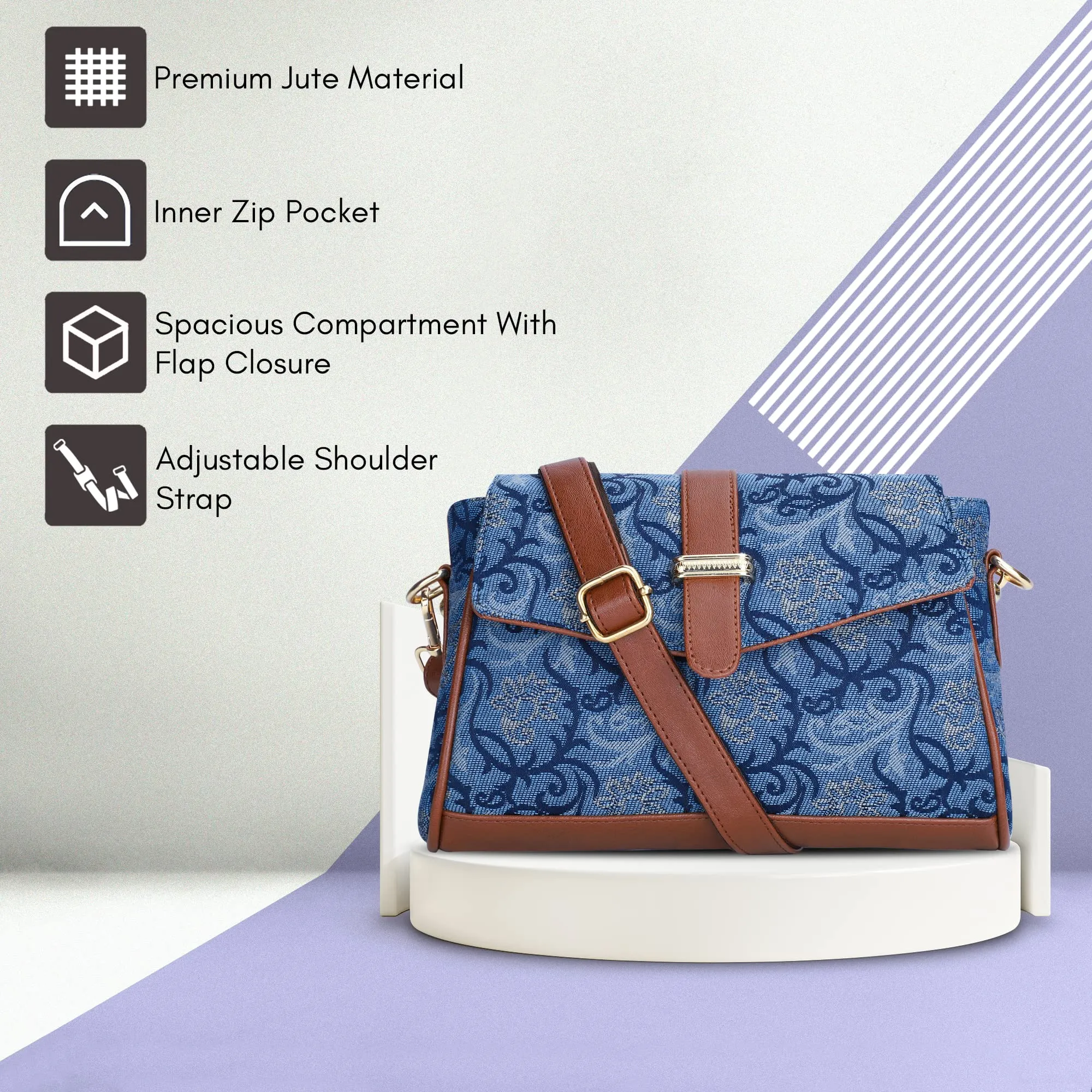 THE CLOWNFISH Odelina Series Printed Handicraft Fabric Handbag for Women Sling Bag Office Bag Ladies Shoulder Bag with Snap Flap Closure & Shoulder Belt Tote For Women (Flax)