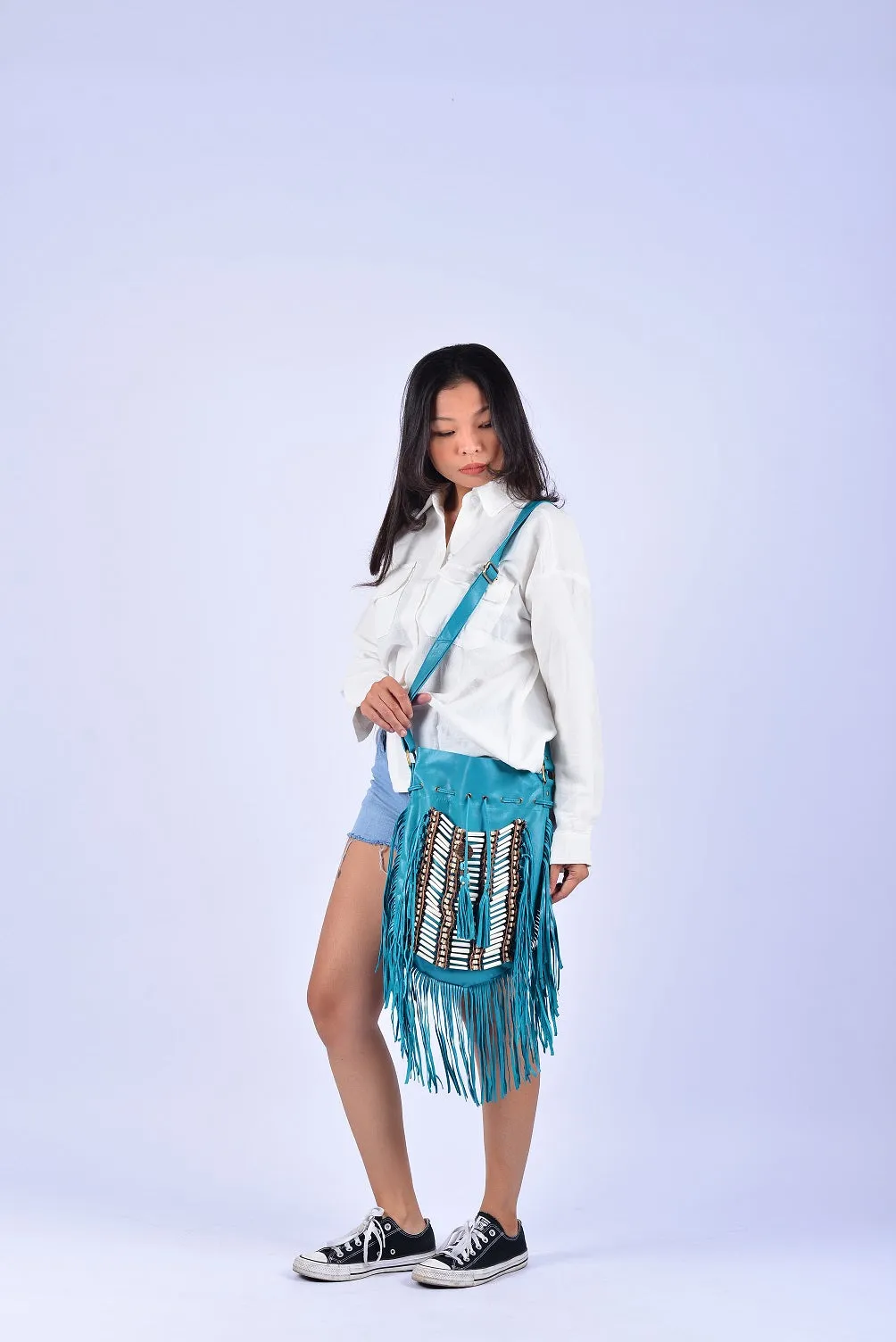 TURQUOISE Large Size Boho Leather Bag with Fringes and Bone Choker.