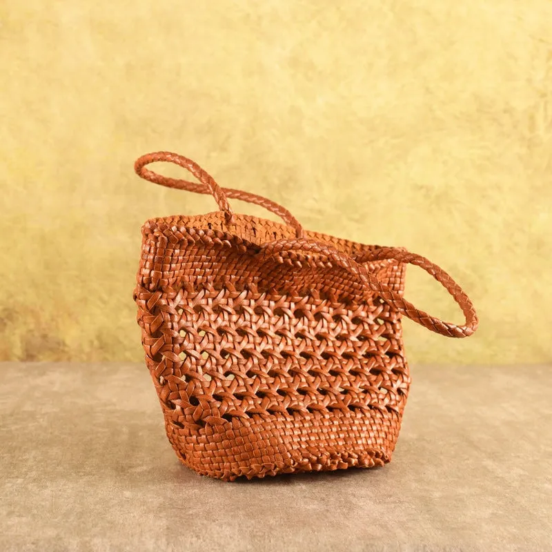 Woven Vegetable Basket Bag Cowhide Hollow Handbag