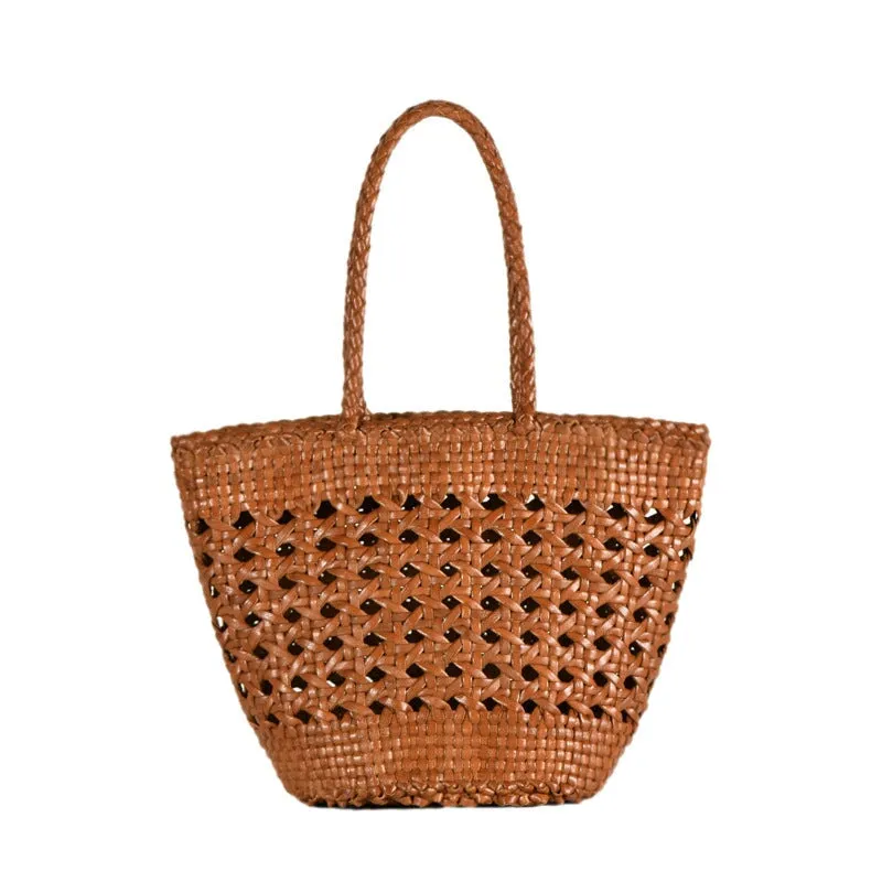 Woven Vegetable Basket Bag Cowhide Hollow Handbag