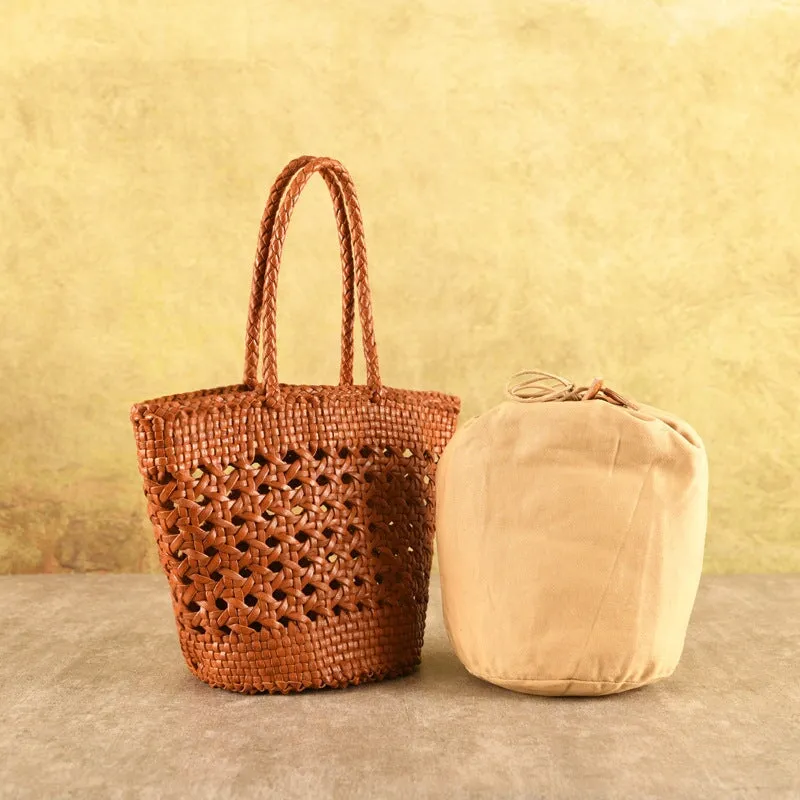 Woven Vegetable Basket Bag Cowhide Hollow Handbag