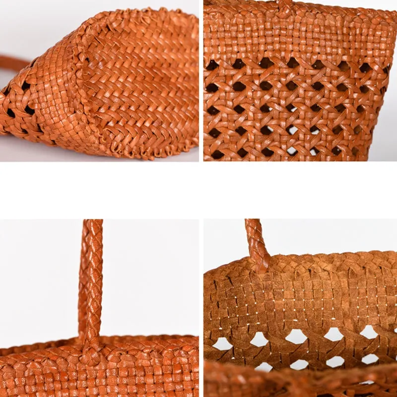 Woven Vegetable Basket Bag Cowhide Hollow Handbag